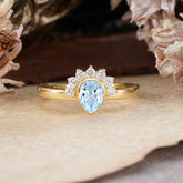 Unique Pear Cut Halo Aquamarine Engagement Ring Bezel Cluster Ring
